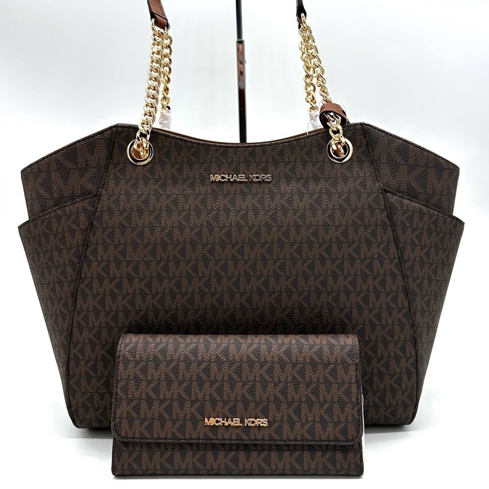 Michael Kors Large Jet Set Travel Chain Shoulder Bag & Trifold Wallet Brown